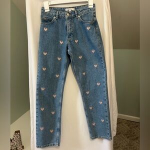 NWT Francesca's Women's Blue Jeans with Pink Heart Design size 24